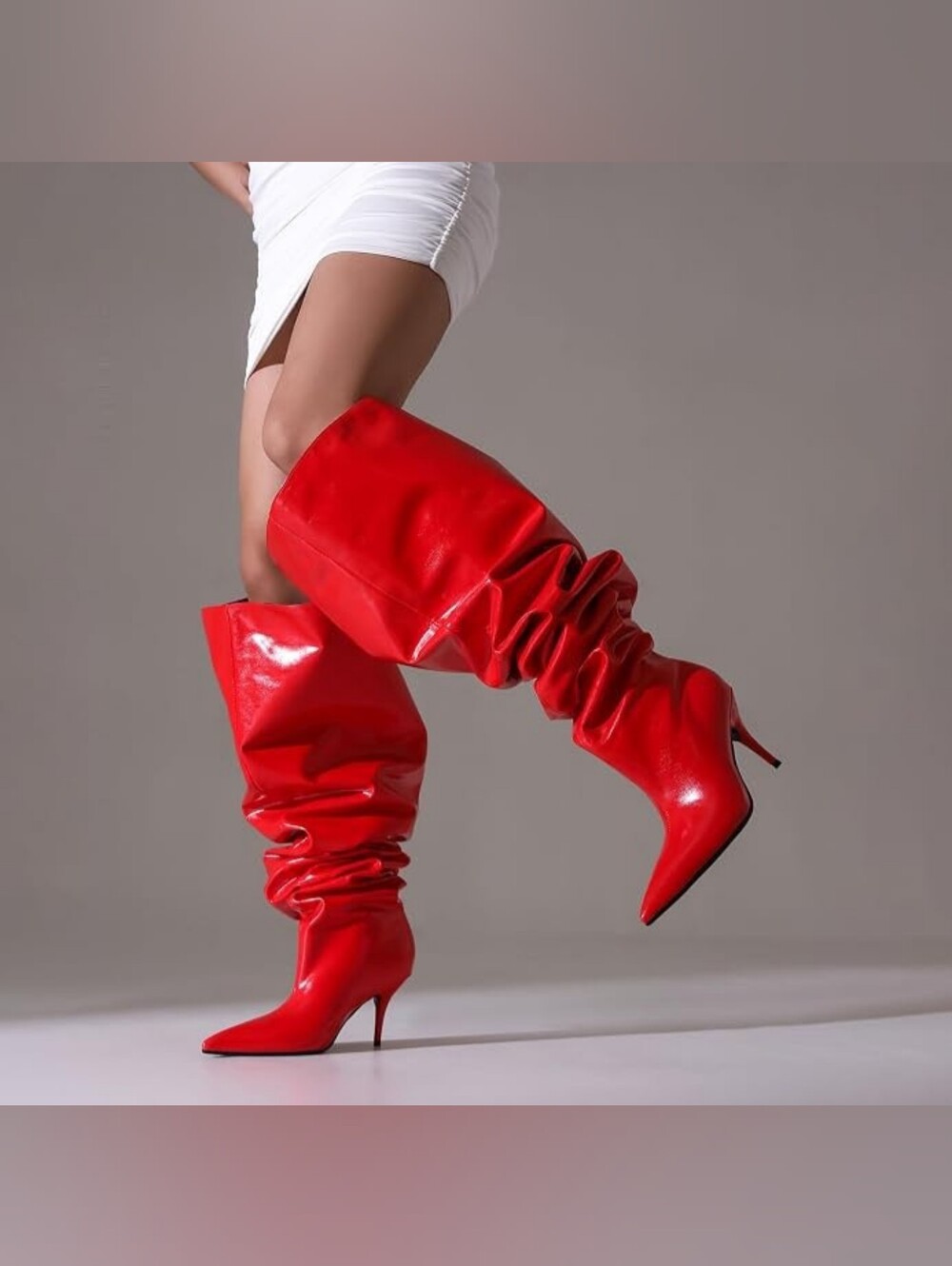 Sexy Red Slouchy Thigh High Semi Kitten Stiletto Boots